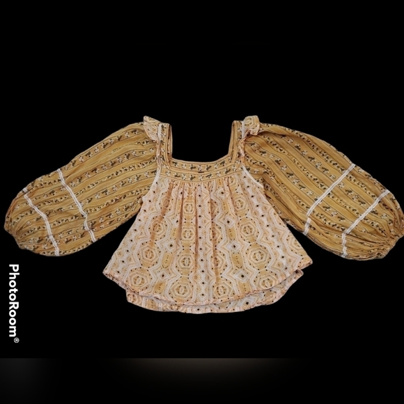 Free People~Woman S~Ochre Yellow Boho Tunic Smocked Henley CropTop Cotton. - Picture 6 of 13